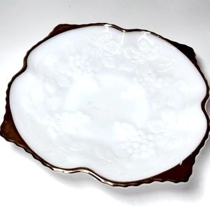 Milk Glass Plate Dish Hand Painted Gold Trim Trinket Tray